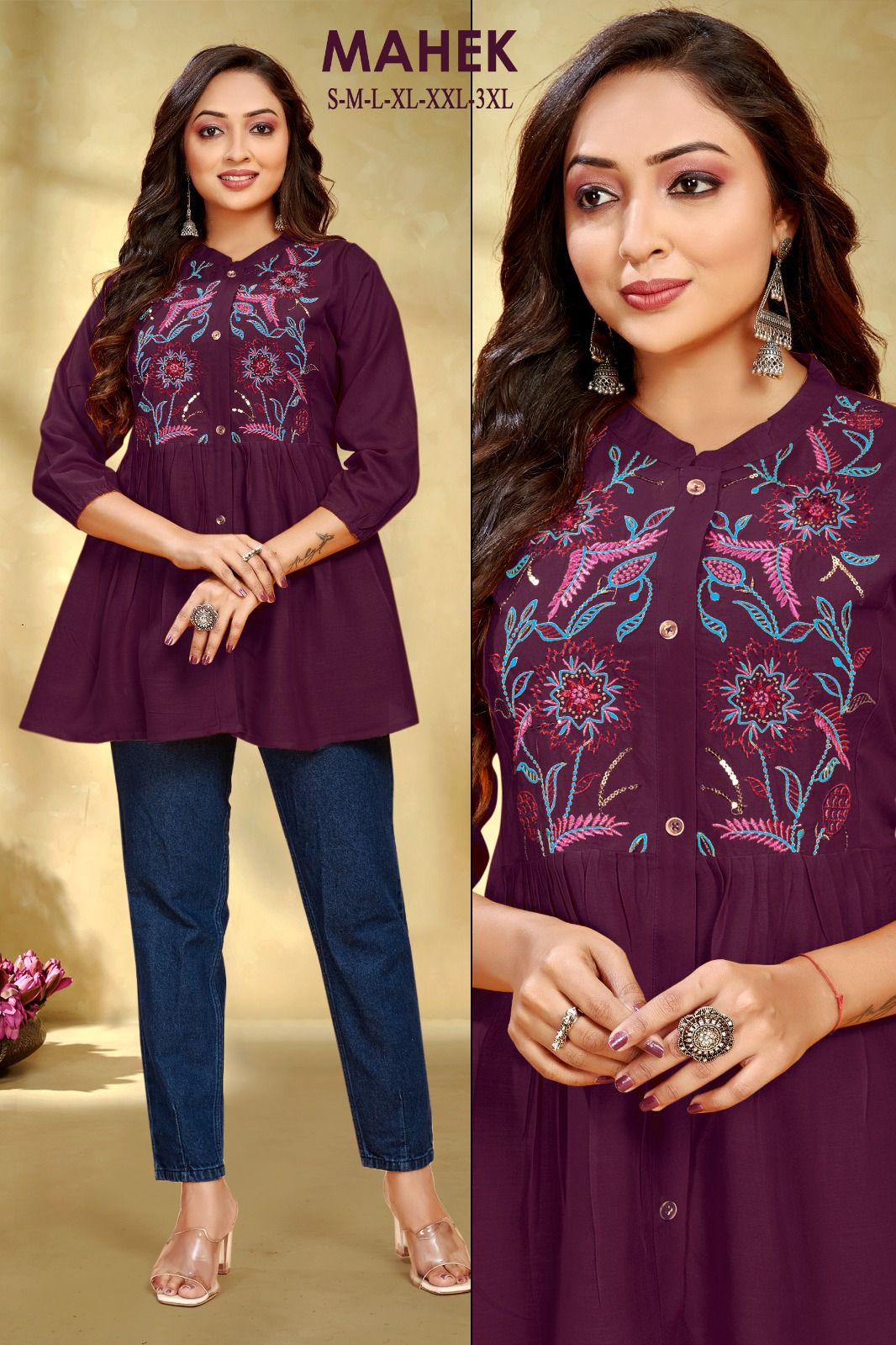Mahek 01 Designer Rayon Embroidery Ladies Top Wholesale Market In Surat
